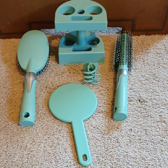 3-Piece Turquoise Hair Brush & Round Brush Set with Stand And 1 Clip - Picture 3 of 5